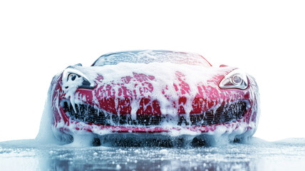 Red sports car covered in soap suds being washed on transparent background