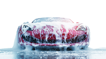 Red sports car covered in soap suds being washed on transparent background