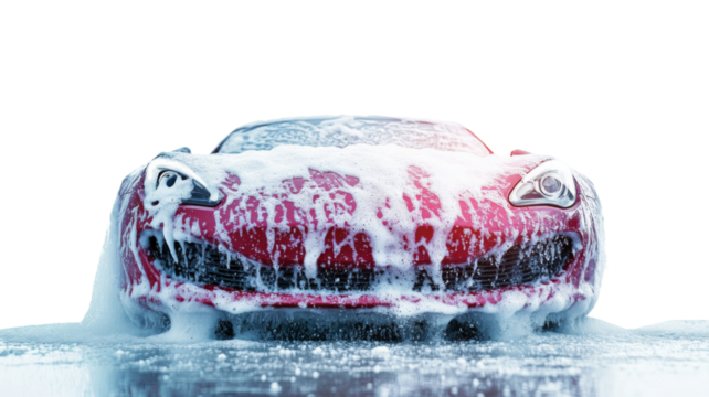 Red sports car covered in soap suds being washed on transparent background