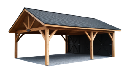 Wooden carport protecting vehicles with transparent background