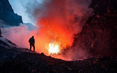 Obraz premium Spectacular volcanic eruption captured at twilight with silhouette of adventurer observing from a safe distance