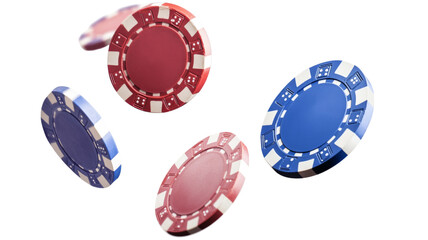 Red and blue casino chips falling on transparent background