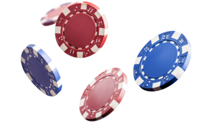 Red and blue casino chips falling on transparent background