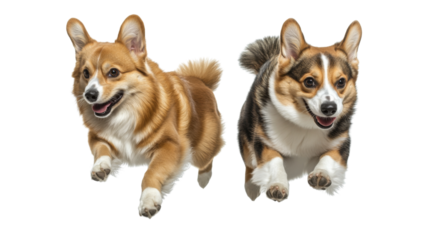 Two pembroke welsh corgi dogs running and jumping on transparent background