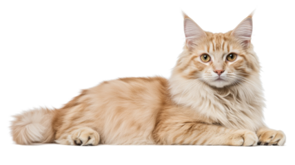 Cream colored maine coon cat lying down on transparent background