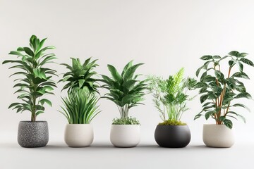 Fototapeta premium A collection of 3D-rendered houseplants in stylish ceramic pots.