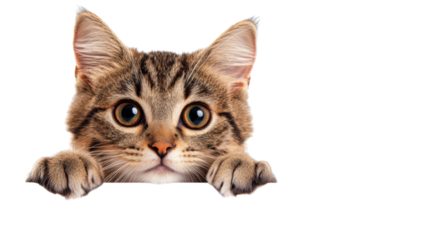 Cute tabby cat peeking over a blank surface with transparent background