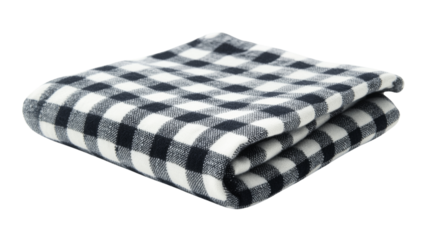 Folded black and white checkered fleece blanket on transparent background
