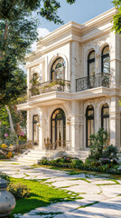 Elegant marble mansion with lush gardens