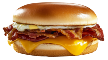 Delicious burger showing melted cheese, bacon and fried egg on transparent background