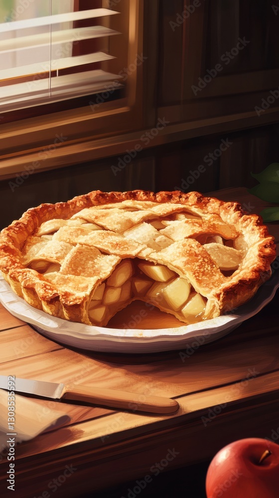 Poster warm and inviting close-up of a freshly baked apple pie on a rustic wooden table next to an apple