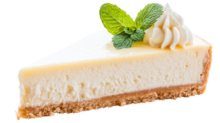 Slice of plain new york cheesecake with mint and whipped cream on transparent background
