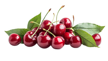 Obraz premium Ripe red cherries with green leaves on transparent background
