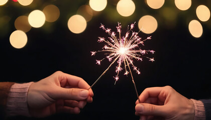 Two Hands Holding a Sparkler with Warm Bokeh Lights in the Background