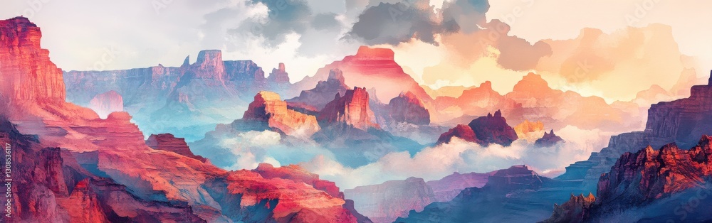 Poster majestic sunset over rugged mountains with colorful sky and soft clouds in the background