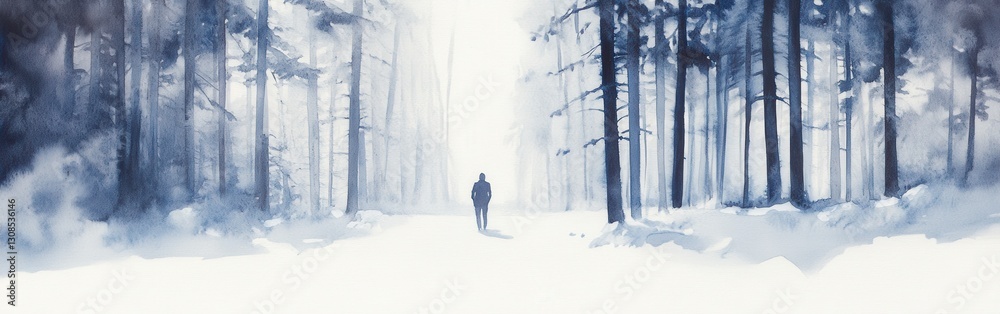 Poster solitary figure walking through a snow-covered forest in soft watercolor tones capturing tranquility