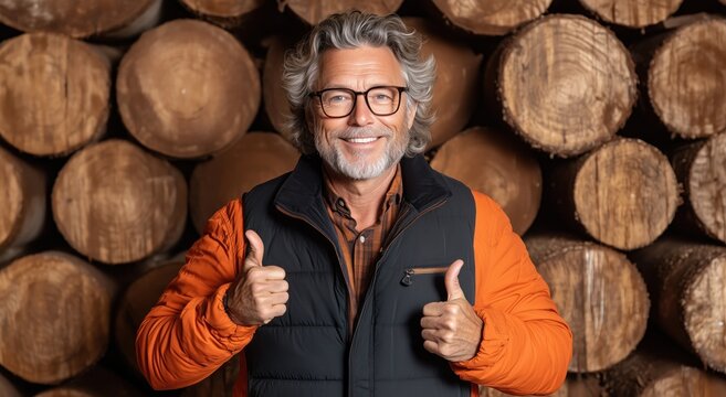 man with gray hair and glasses stands cheerfully in front of a stack of wooden logs, wearing an orange vest over a plaid shirt. He gives two thumbs up, radiating positivity and warmth