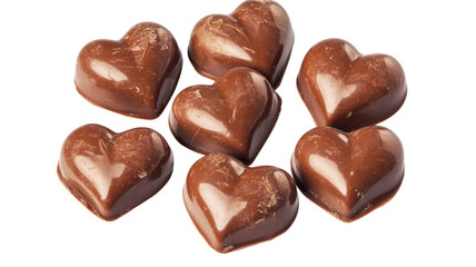 Seven milk chocolate hearts falling on transparent background