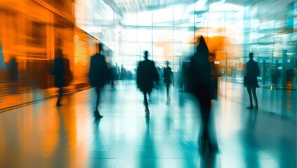 Blurred figures walking in a modern business hallway