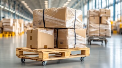 Cardboard boxes are securely wrapped and stacked on a wooden pallet inside a spacious warehouse. Natural light filters through large windows, illuminating the organized environment