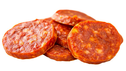 Obraz premium Sliced chorizo sausage on transparent background, showing detail and texture