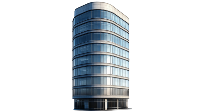 Modern office building with transparent background reaching for the sky