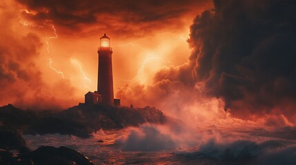 Dramatic lighthouse amidst stormy ocean and lightning.