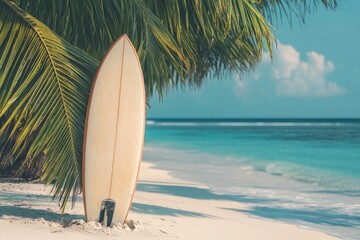 Surfboard Next to Palm Trees on Serene Tropical Beach Landscape