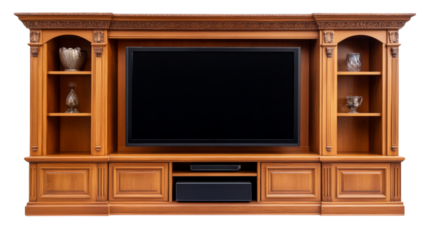 Wooden tv stand with flat screen television and decor on transparent background