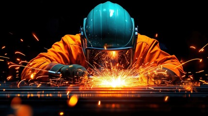 skilled welder focuses intently on a metalwork project, creating bright sparks in a dimly lit workshop. orange glow of the sparks contrasts with the welders protective gear