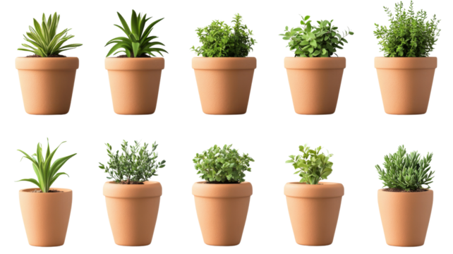 Ten terracotta plant pots containing various houseplants with transparent background