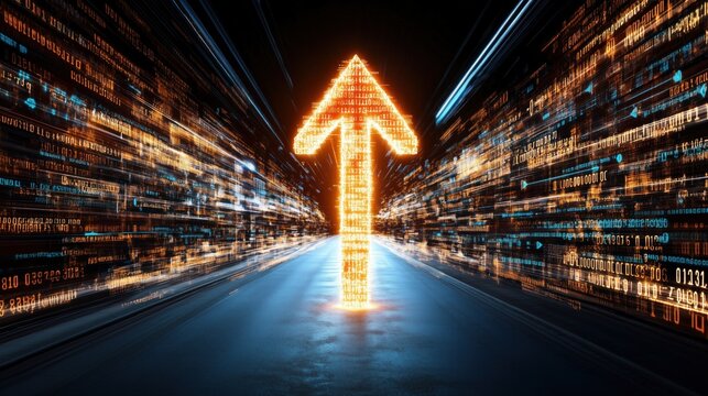 luminous arrow composed of binary code directs attention upward in a high-tech environment, symbolizing progress and innovation. surrounding data streams create a sense of motion