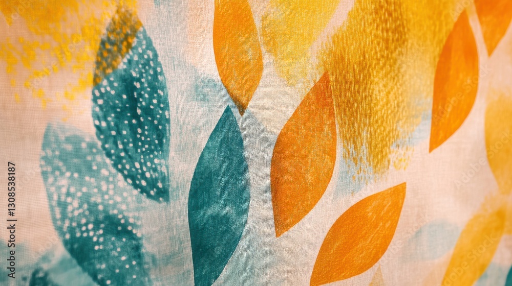 Poster colorful abstract textile pattern with soft pencil strokes showcasing vibrant leaves and textures