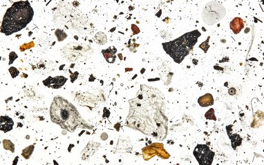 Tiny fragments of organic and inorganic materials observed under microscope in research lab setting