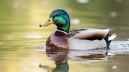 Male mallard duck swimming on calm water, reflecting its image.