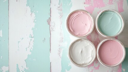Soft pastel colors blending on a wooden surface with paint cans reflecting serene vibes