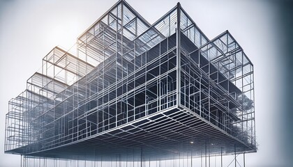 Fototapeta premium Metallic wireframe structures suspended in mid-air, casting intricate shadows on a white background, industrial-chic look.