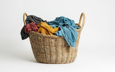Multicolored clothes in woven basket highlight laundry day in a bright, airy space