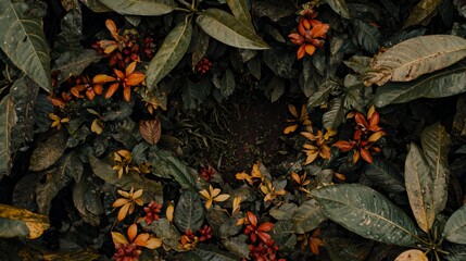 Overhead View of Lush Green and Orange Flowers and Leaves