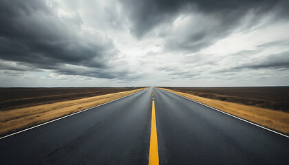 Naklejka premium Open Highway with Yellow Center Line Under Dark Stormy Clouds