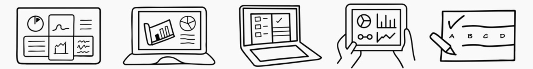 Market research concept. Digital illustrations of data analysis and reporting on various devices.