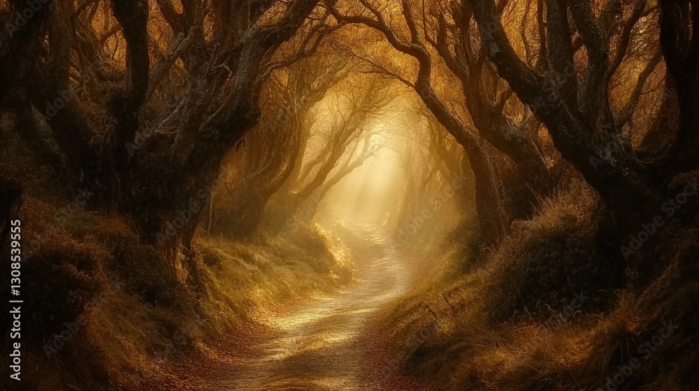 Poster dense forest path illuminated by golden light during the early morning hours invites exploration and