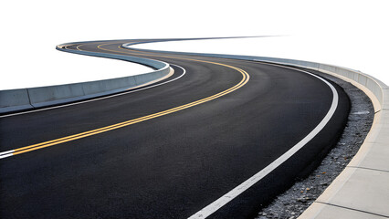 Modern curved highway with guardrails and road signs, isolated on a black background, symbolizing direction, travel, and progress