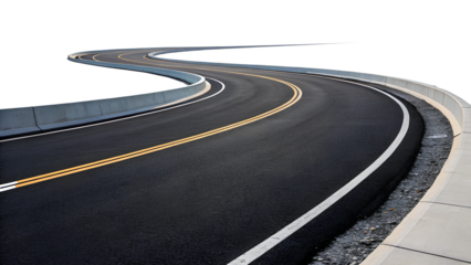 Modern curved highway with guardrails and road signs, isolated on a black background, symbolizing direction, travel, and progress