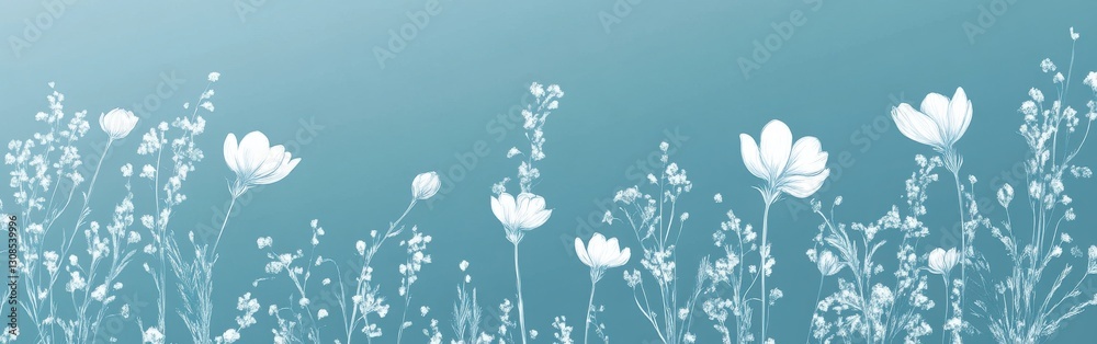 Poster delicate white floral sketches create a serene ambiance against a soft blue background in a calming 