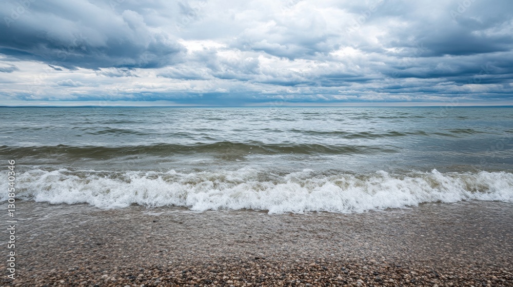 Poster Lonely seashore with gentle waves and overcast sky invites reflection and tranquility in a serene coastal setting Generative AI
