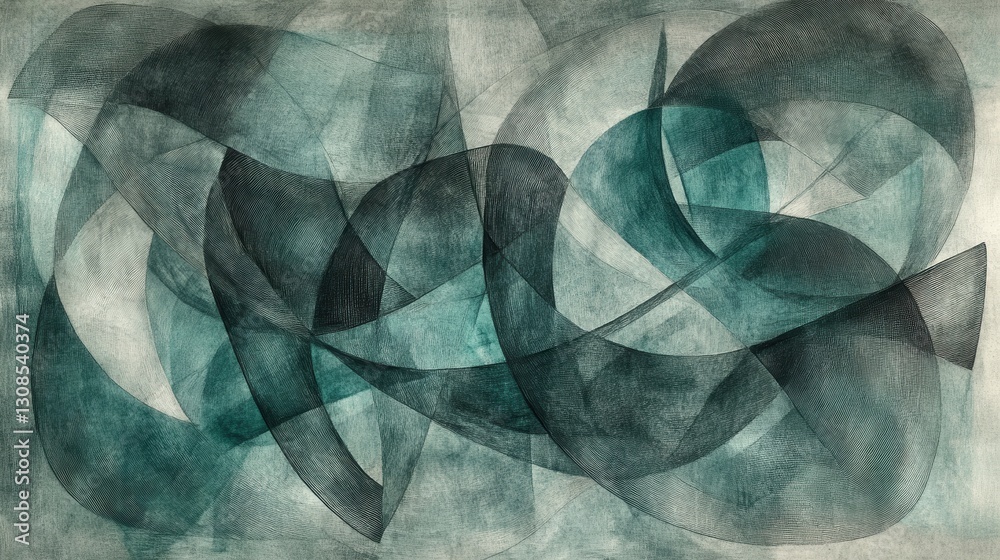 Poster abstract composition of minimalist pencil strokes and washes in cool tones evokes fluid motion and d