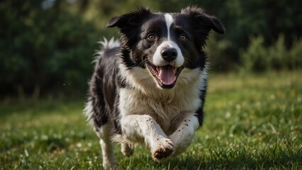 Fototapeta premium A black and white Border Collie running across a green meadow, with a joyful expression and small specks of dirt kicking up behind it.