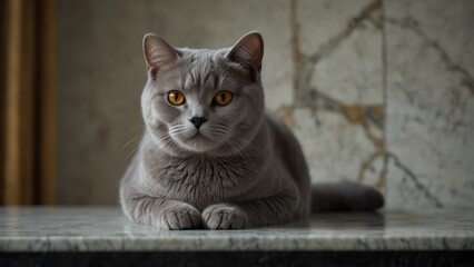 A British Shorthair cat sitting on a marble table, its smooth gray fur gleaming, with amber eyes exuding a subtle noble aura.