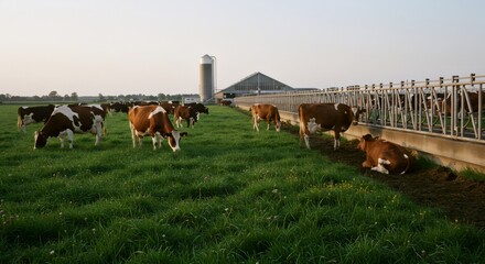 Obraz premium Dairy cows grazing on green pasture near modern farm buildings. Sustainable agriculture and livestock farming. Rural landscape with cattle and silo in background